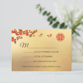 Gold Red Cherry Blossom RSVP Chinese Weddenschap (Staand voorkant)