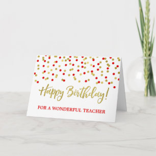 Gold Red Confetti Teacher Birthday Card Kaart