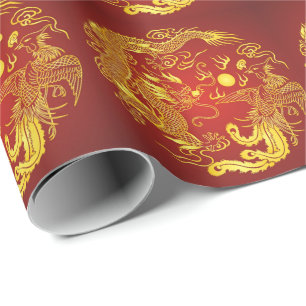 Gold Red Dragon Phoenix Chinese Weddenschap Favor Cadeaupapier