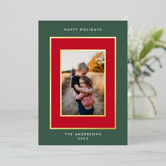 Gold RED en GREEN Elegant-kerstLijsten | Foto Folie Feestdagenkaart (Staand Voorkant)