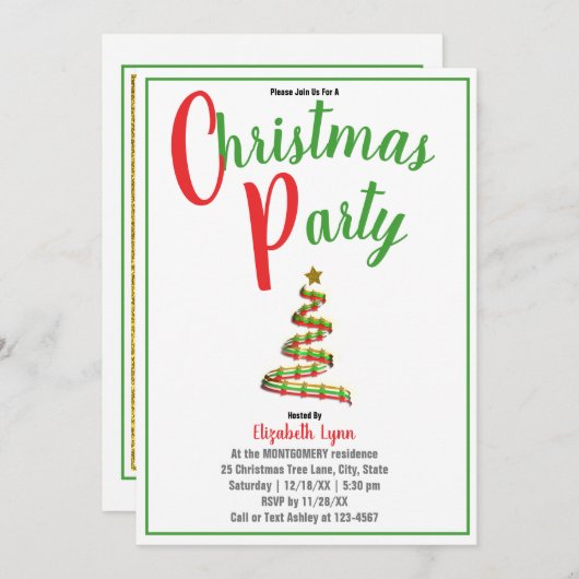 Gold, Red en Green Kerstparty Uitnodiging (Voorkant / Achterkant)