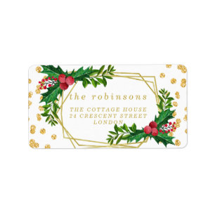 Gold Red Family Merry kerst Holly Glitter Etiket