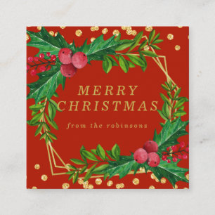 Gold Red Family Merry kerst Holly Glitter Vierkante Visitekaartje