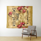 Gold Red Glitter Balloons Royal Sweet 16 Tapestry Wandkleed (In Situ (horizontaal))