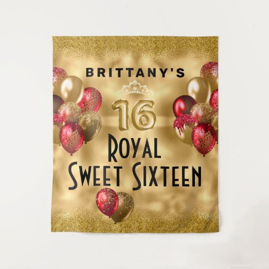 Gold Red Glitter Balloons Royal Sweet 16 Tapestry Wandkleed (Voorkant)