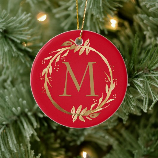 Gold Red Kerstmis, groot monogram & familiefoto Keramisch Ornament (Boom)