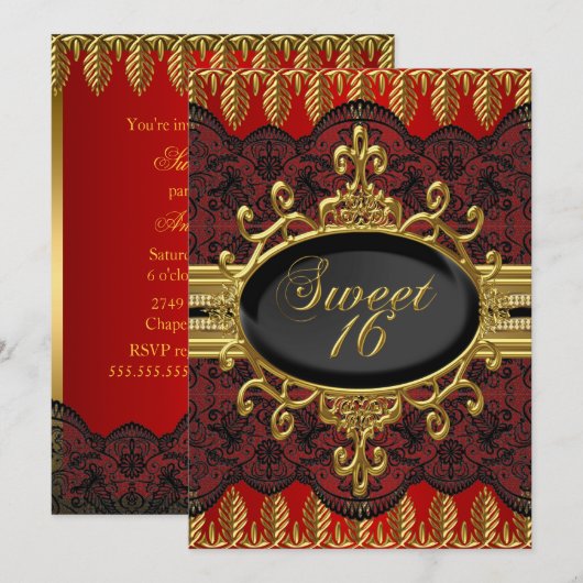 Gold Red Leaf Lace Sweet 16 Party Invite Kaart (Voorkant / Achterkant)