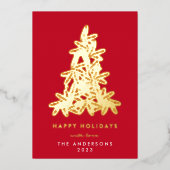 Gold & Red Merry kerstpine Tree Happy Folie Feestdagenkaart (Voorkant)