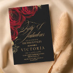 Gold & Red Rose 50th Birthday Party Invitation<br><div class="desc">Une élégante invitation à la fête d'anniversaire moderne. Une calligraphie manuscrite élégante combinée à une police moderne sur un arrière - plan noir foncé se complètent et se paraissent harmonieuses en même temps.</div>