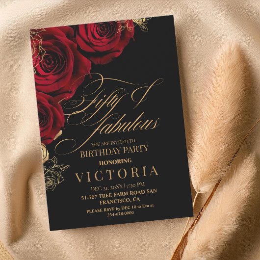 Gold & Red Rose 50th Birthday Party Invitation