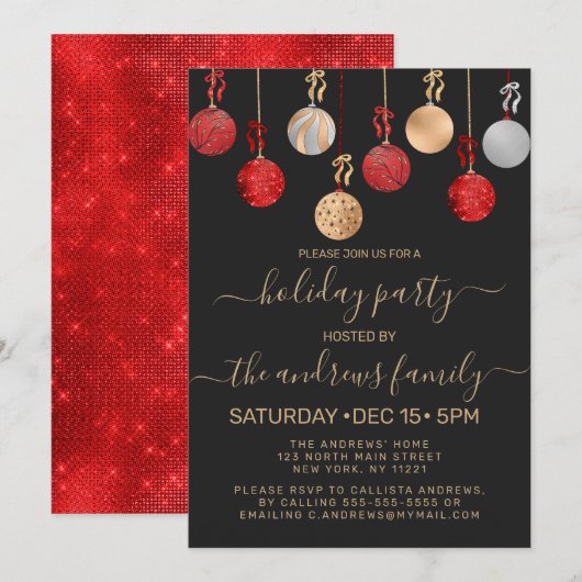 Gold Red Silver Glitter Hanging Ornament Holiday Kaart (Voorkant / Achterkant)