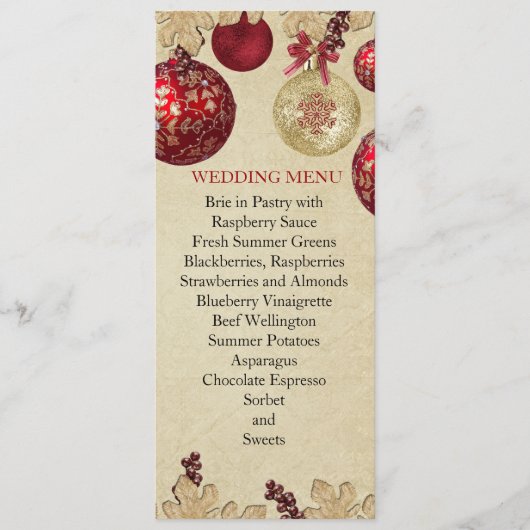 Gold/Red Winter Vakantie Ornamenten Bruiloft Menu (Voorkant)