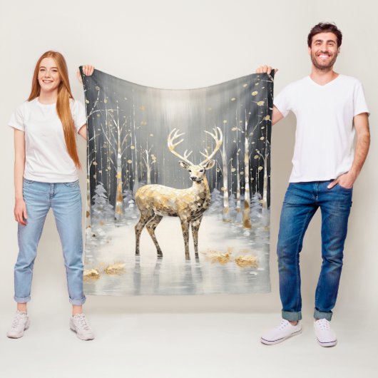 Gold Reindeer Holiday Fleece Blanket (In situ)