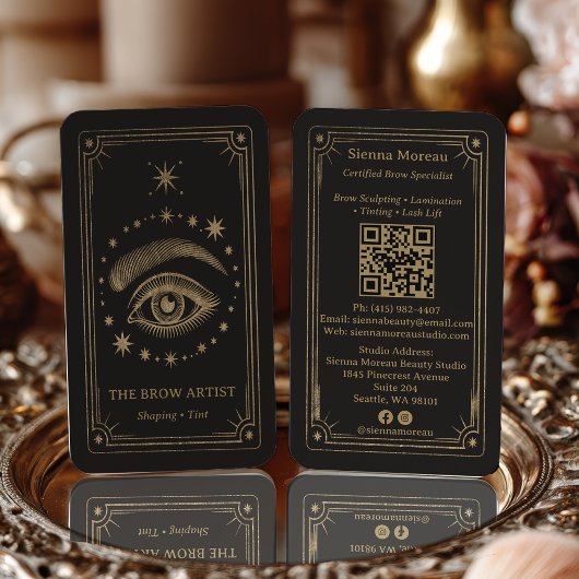 Gold Retro Celestial Tarot Brow Artist QR Code Visitekaartje