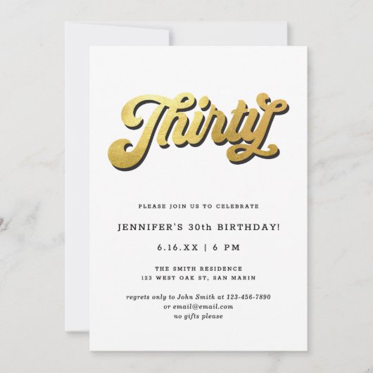 Gold Retro Script Black White 30th Birthday Party Kaart (Voorkant)