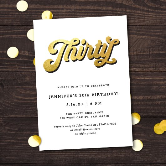 Gold Retro Script Black White 30th Birthday Party Kaart
