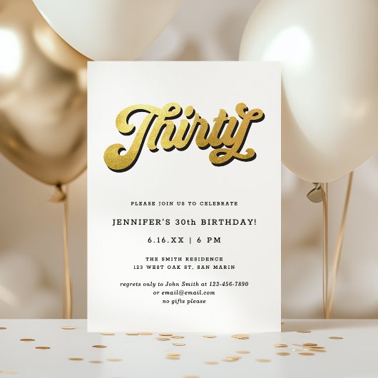 Gold Retro Script Black White 30th Birthday Party Kaart