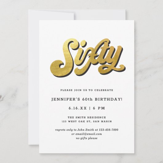 Gold Retro Script Black White 60th Birthday Party Kaart (Voorkant)