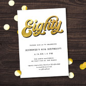 Gold Retro Script Black White 80th Birthday Party Kaart
