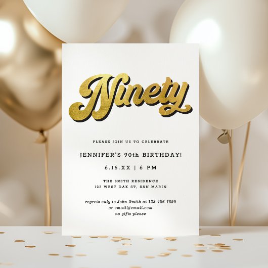 Gold Retro Script Black White 90th Birthday Party Kaart