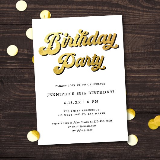 Gold Retro Script Black & White Birthday Party Kaart