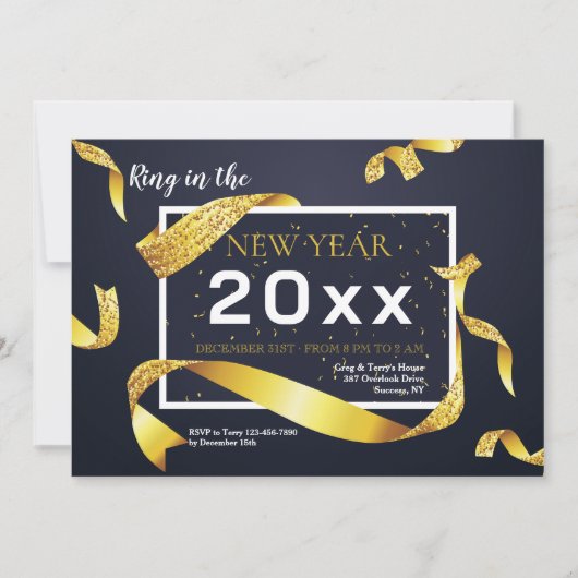 Gold Ribbon New Year Party Invitation (Devant)