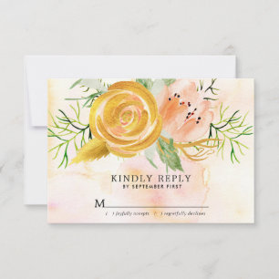 Gold Roos Blush Pink Peony Floral Wedding RSVP Kaartje