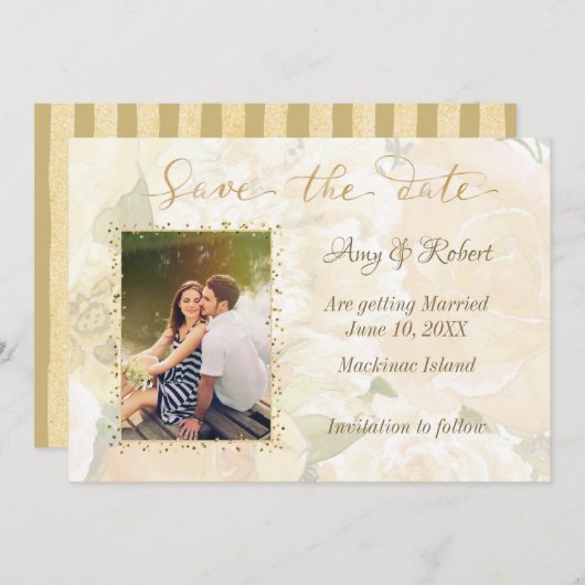 Gold Roos Foto slaat de datum op Save The Date (Voorkant / Achterkant)