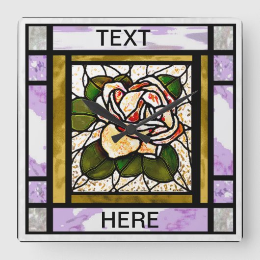 Gold Roos Glas in lood Art Deco Vierkante Klok (Voorkant)