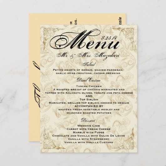 Gold Rose Mariage Diner Menu Merci Note (Devant / Derrière)