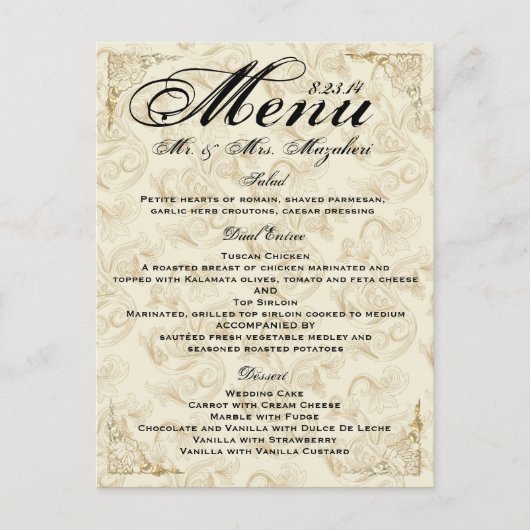 Gold Rose Mariage Diner Menu Merci Note (Devant)