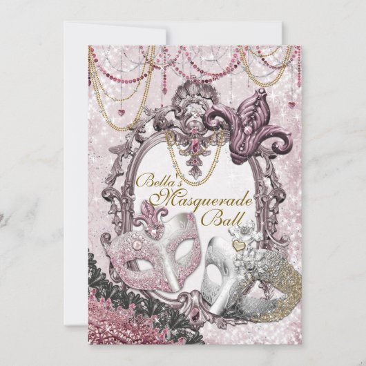Gold Rose Masquerade Invitations de fête d'anniver (Devant)