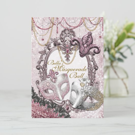 Gold Rose Masquerade Invitations de fête d'anniver (Debout devant)