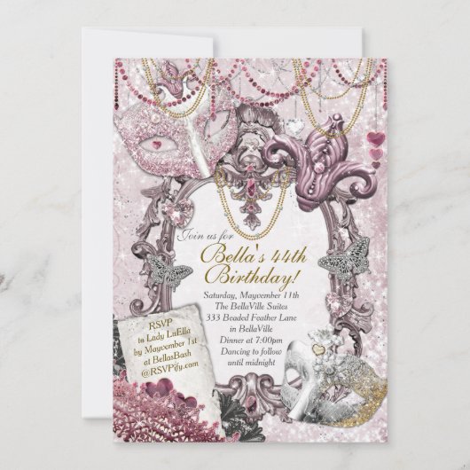 Gold Rose Masquerade Invitations de fête d'anniver (Dos)