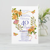Gold Rose Ribbon 40th Birthday Invitation (Debout devant)