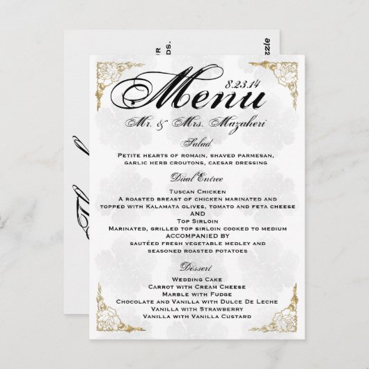 Gold Rose Wedding Dîner Menu Thank you Note (Devant / Derrière)