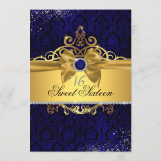 Gold Royal Blue Damask Sweet Sixteen Uitnodigen Kaart
