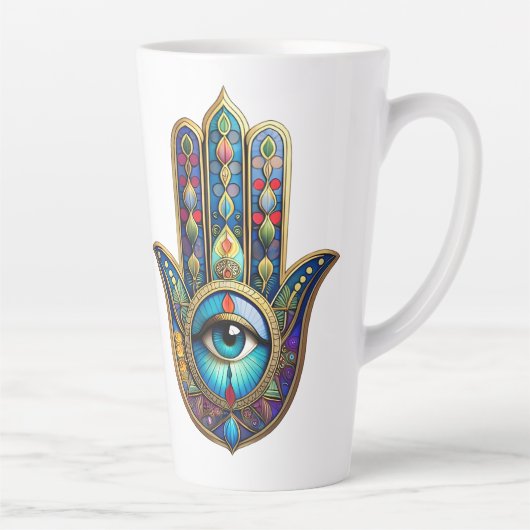 Gold Royal Blue Hamsa w/ Turquoise Third Eye Latte Mok (Rechts)
