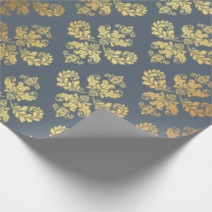 Gold Royal Damask Floral Ornament Blue Gray Baroqu Cadeaupapier