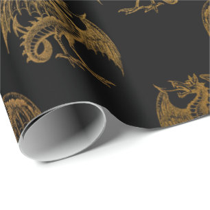 Gold Royal Dragon King Crown Black Noir Heraldic Cadeaupapier
