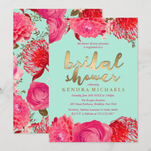 Gold, roze en Mint Floral Bridal Shower-uitnodigin Kaart