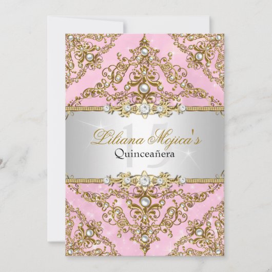 Gold & Roze Pearl Damask Quinceanera Invite Kaart (Voorkant)