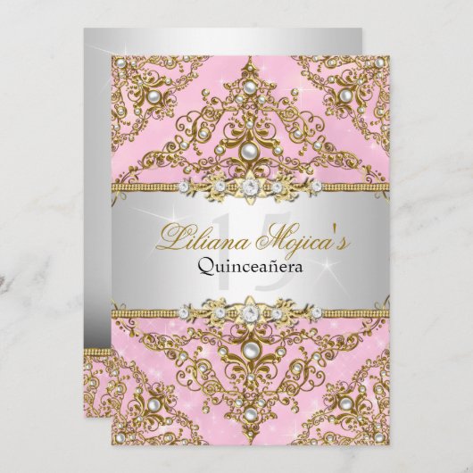 Gold & Roze Pearl Damask Quinceanera Invite Kaart (Voorkant / Achterkant)