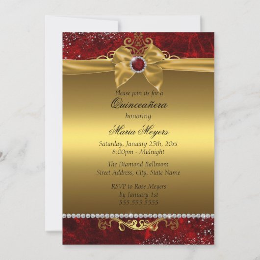 Gold Ruby Red Quinceanera Invitation (Dos)