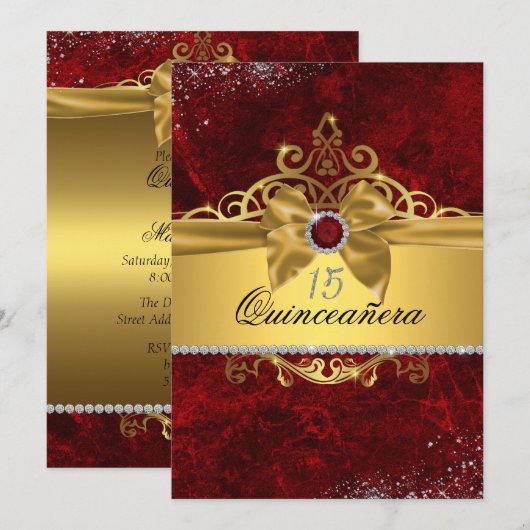 Gold Ruby Red Quinceanera Invitation (Devant / Derrière)