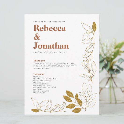 Gold Rust Leaf Terracotta Wedding Program Card Programma (Staand voorkant)