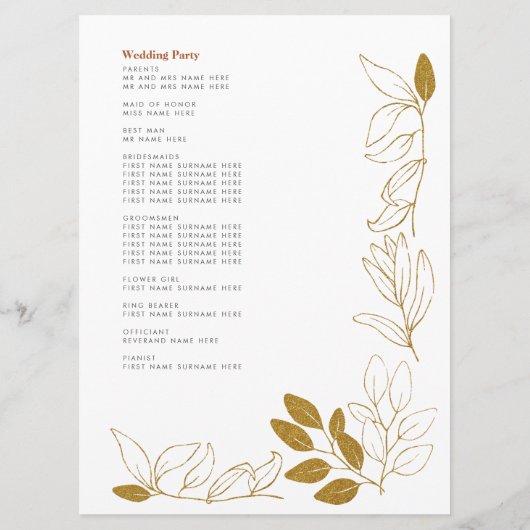 Gold Rust Leaf Terracotta Wedding Program Card Programma (Achterkant)