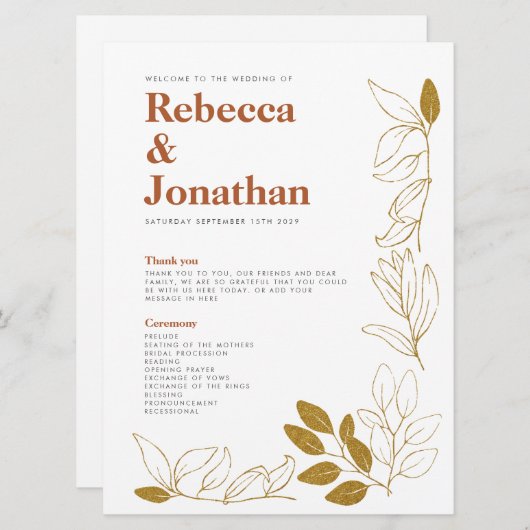Gold Rust Leaf Terracotta Wedding Program Card Programma (Voorkant / Achterkant)