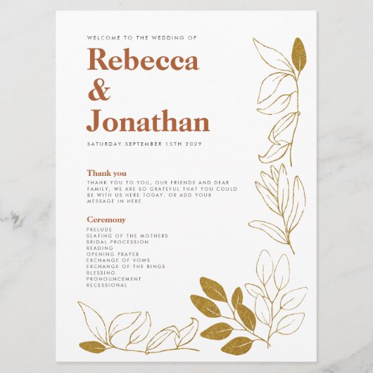 Gold Rust Leaf Terracotta Wedding Program Card Programma (Voorkant)