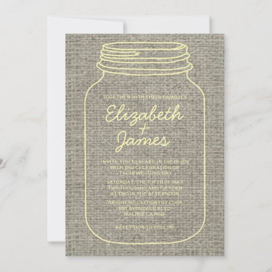 Gold Rustic Burlap Mason Jar Invitations de mariag (Devant)
